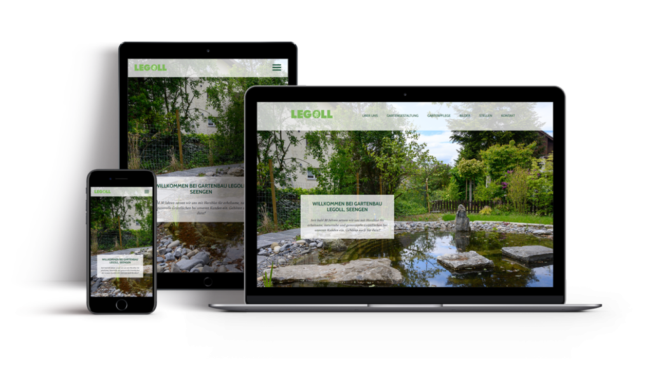 Legoll Showcase Webseite Legoll Showcase Ansicht Startseite auf Handy Ipad und Laptop grüne Gartenlandschaft mit Teich und Steinen
